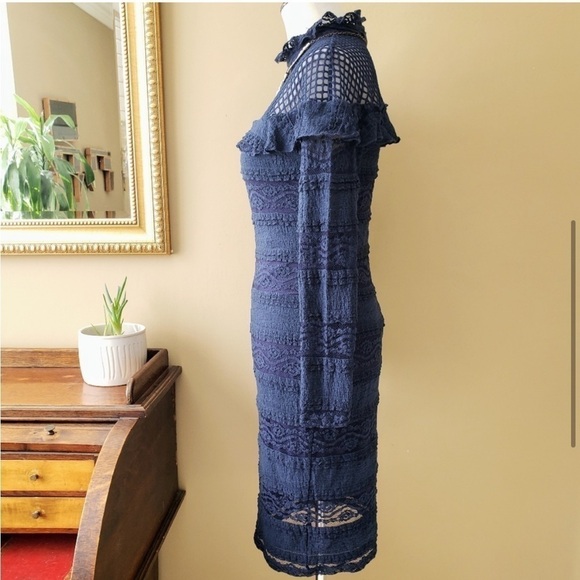 Bebe Navy Blue Mixed Media Lace Midi Mesh Ruffle Collar Cocktail Dress Size M - Picture 5 of 11